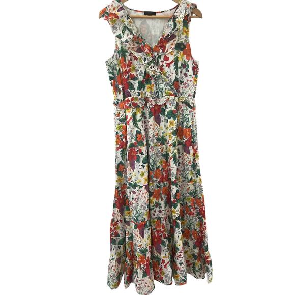 J. Crew Ruffle-Front Maxi Dress In Ratti Island Botanical Print Pockets Size‎ 12 - Picture 9 of 13